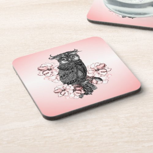 Gray Owl Pink Orchids Beverage Coaster