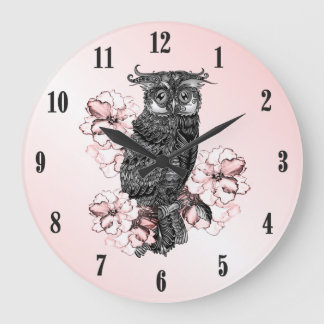 Gray Owl Pink Orchids Black Numbers Large Clock