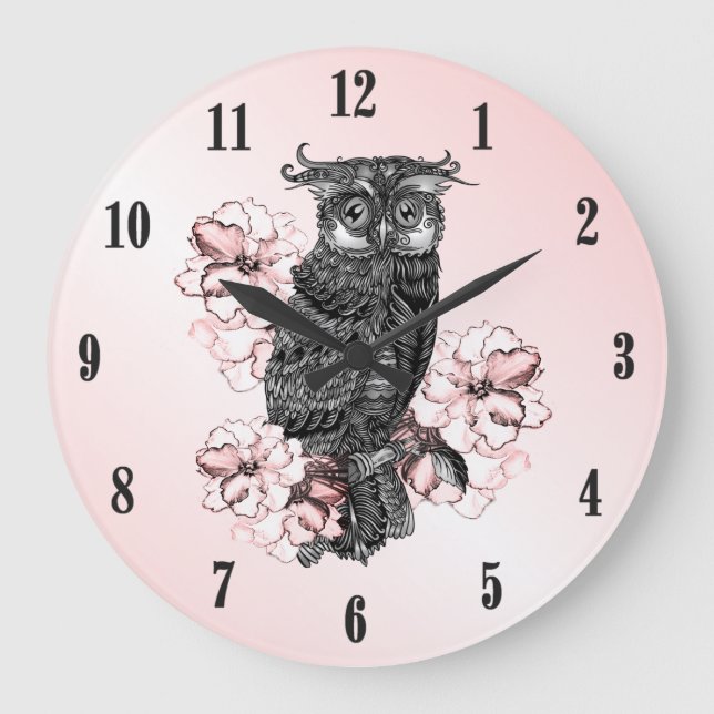 Gray Owl Pink Orchids Black Numbers Large Clock (Front)