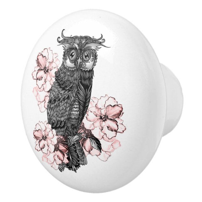 Gray Owl Pink Orchids Ceramic Knob (Right)