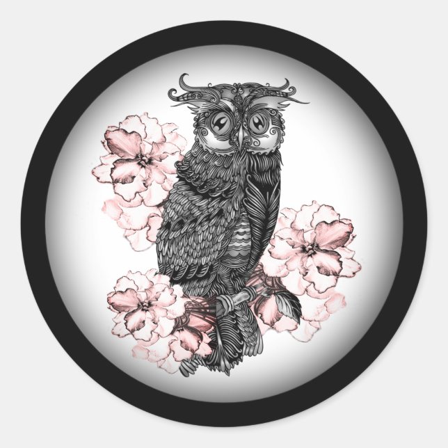 Gray Owl Pink Orchids Classic Round Sticker (Front)