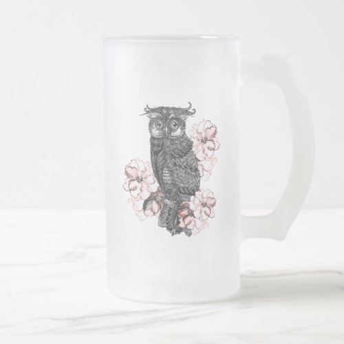 Gray Owl Pink Orchids Frosted Glass Beer Mug