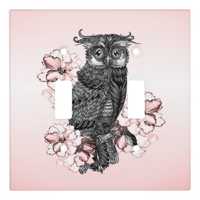 Gray Owl Pink Orchids Light Switch Cover (Front)