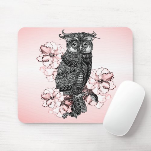 Gray Owl Pink Orchids Mouse Pad