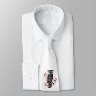Gray Owl Pink Orchids Neck Tie