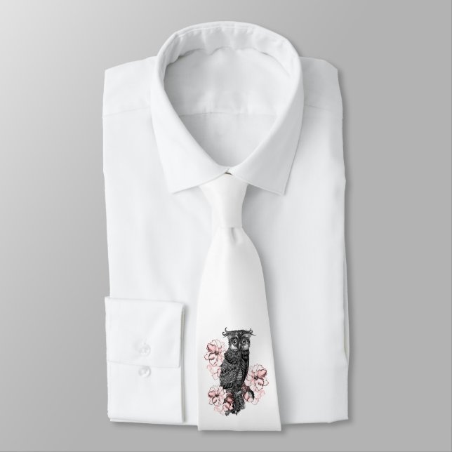 Gray Owl Pink Orchids Neck Tie (Tied)