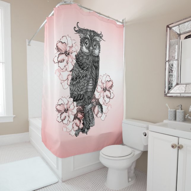Gray Owl Pink Orchids Shower Curtain (In Situ)