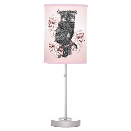 Gray Owl Pink Orchids Table Lamp