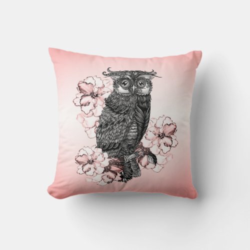 Gray Owl Pink Orchids Throw Pillow