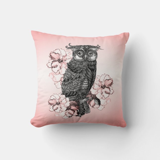 Gray Owl Pink Orchids Throw Pillow (Front)