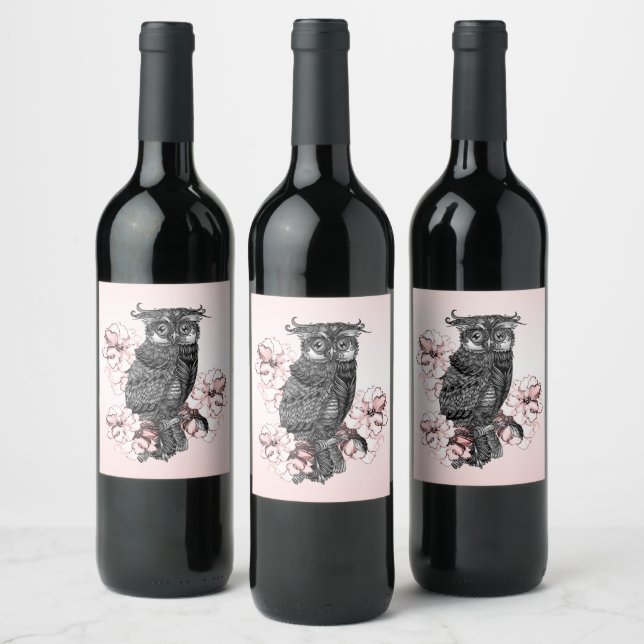 Gray Owl Pink Orchids Wine Label (Bottles)