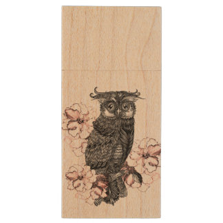 Gray Owl Pink Orchids Wood Flash Drive