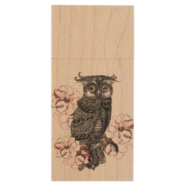 Gray Owl Pink Orchids Wood Flash Drive (Back (Vertical))