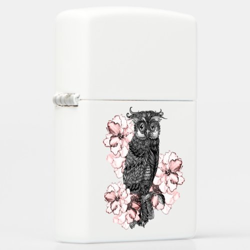 Gray Owl Pink Orchids Zippo Lighter