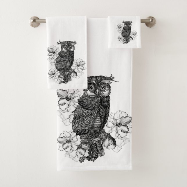 Gray Owl White Orchids Bath Towel Set (Insitu)