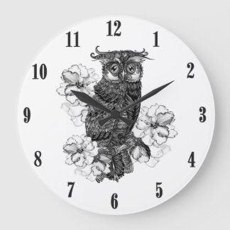 Gray Owl White Orchids Black Numbers Large Clock