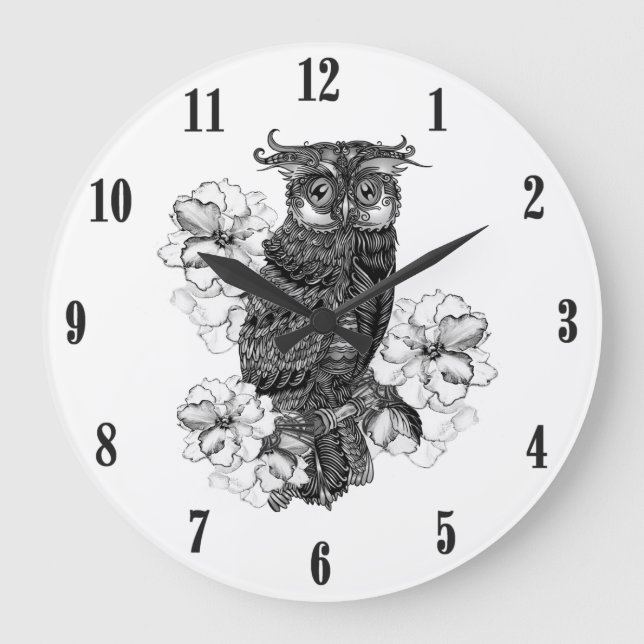Gray Owl White Orchids Black Numbers Large Clock (Front)
