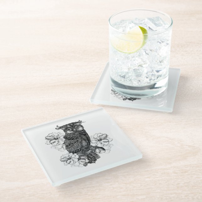 Gray Owl White Orchids Glass Coaster (Angled)