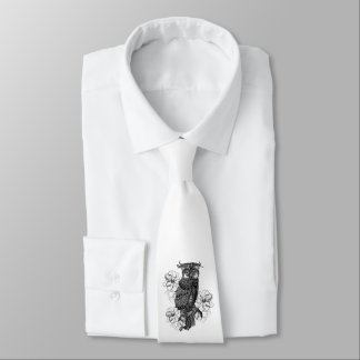 Gray Owl White Orchids Neck Tie