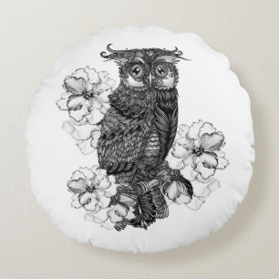 Gray Owl White Orchids Round Pillow