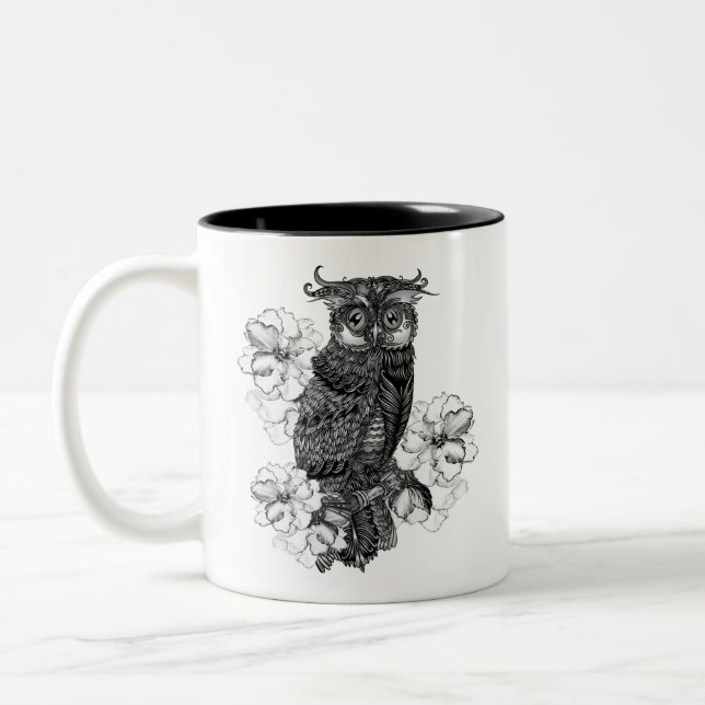Gray Owl White Orchids Two-Tone Coffee Mug (Left)