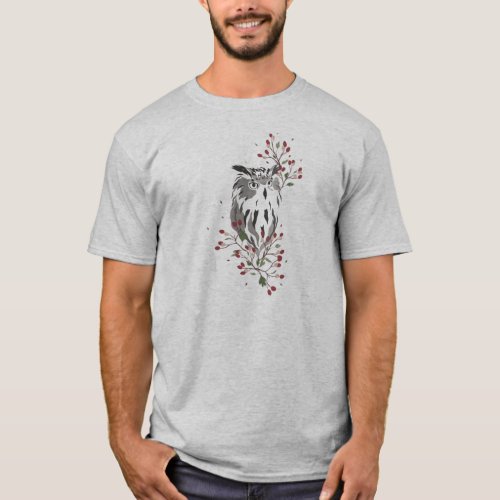 Gray owl with flowers and leaves T_Shirt