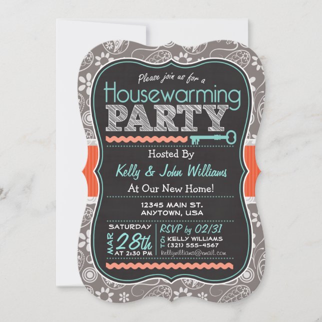 Gray Paisley; Chalkboard Housewarming Party Invitation (Front)