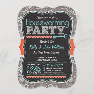 Gray Paisley; Chalkboard Housewarming Party Invitation
