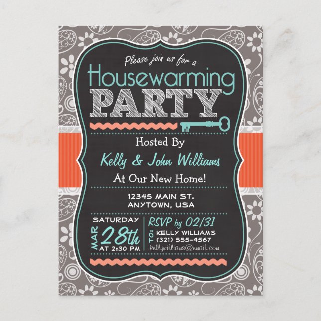 Gray Paisley; Chalkboard Housewarming Party Invitation Postcard (Front)
