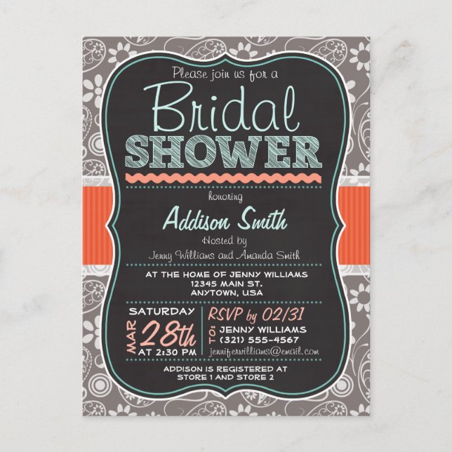 Gray Paisley Chalkboard look Bridal Shower Invitation Postcard (Front)