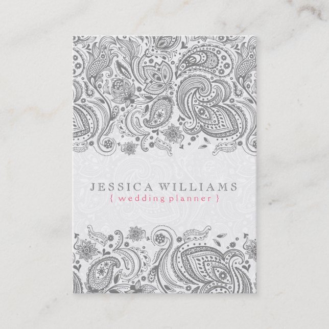 Gray Paisley Lace Over White Background Business Card (Front)