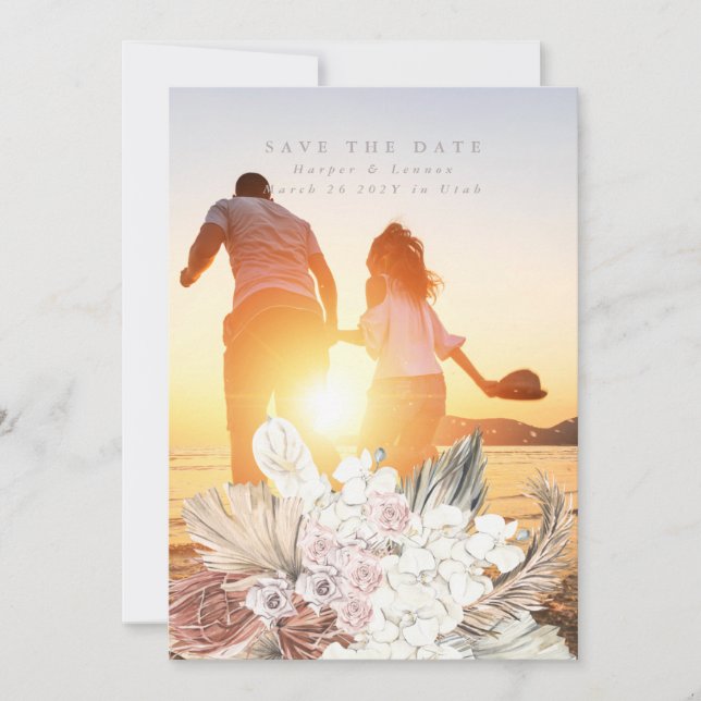 Gray Pampas Grass Floral Ultimate Tropical Jungle Save The Date (Front)