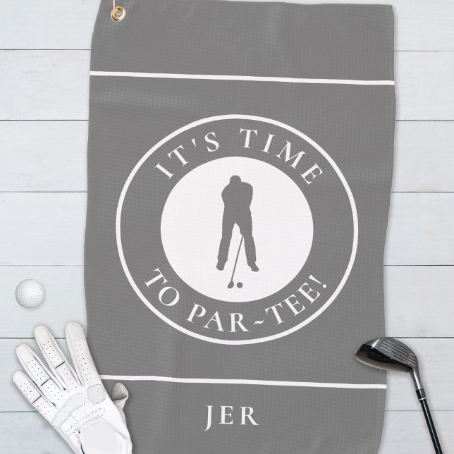 Gray Par TEE Time Golfer Name Initials Funny Golf Towel (Par Tee Golfer Funny Humor Monogram For Him Gray Golf Towel)