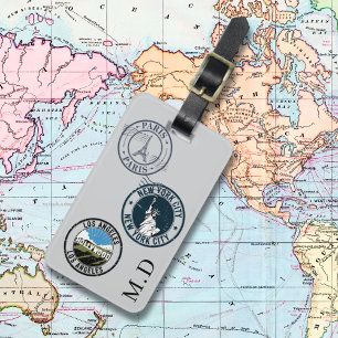 Gray passport stamps monogram initials luggage tag