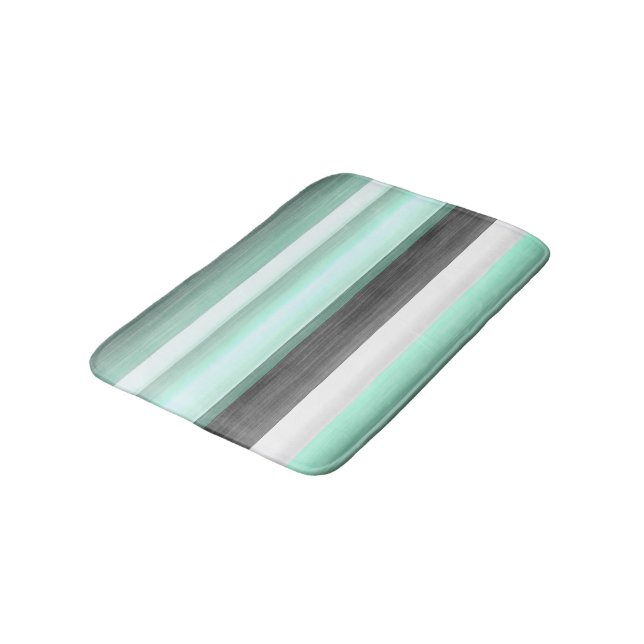 Gray Pastel Mint Green Watercolor Stripes Pattern Bath Mat (Angled)