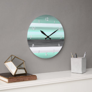 Gray Pastel Mint Green Watercolor Stripes Pattern Large Clock