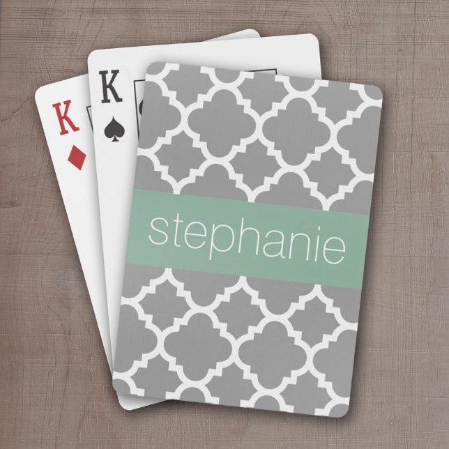Gray & Pastel Mint Quatrefoil Pattern Custom Name Poker Cards (Add a name or monogram to these personalized poker cards.)