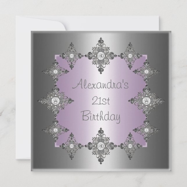 Gray Pastel Purple Silver Jewel Frame Birthday Invitation (Front)