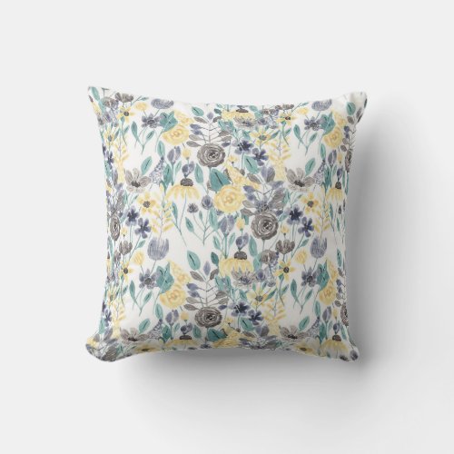 Gray Pastel Yellow Floral Watercolor Pattern Outdo Outdoor Pillow