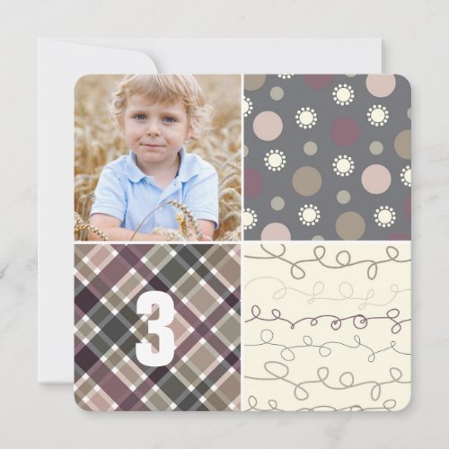 Gray Patchwork Pattern Squares Boy Photo Birthday Invitation