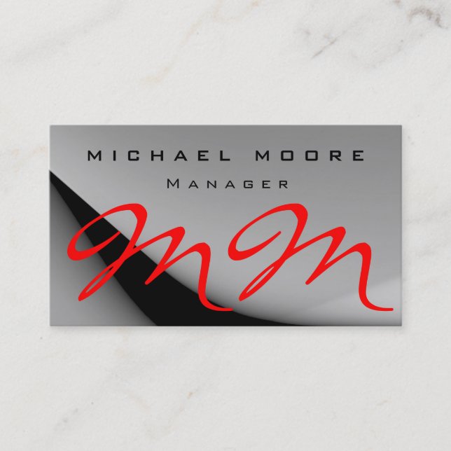 Gray Pattern Red Monogram Business Card (Front)