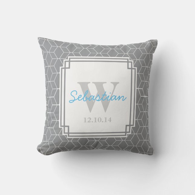 Gray Patterned Personalized Baby Boy Throw Pillow (Front)