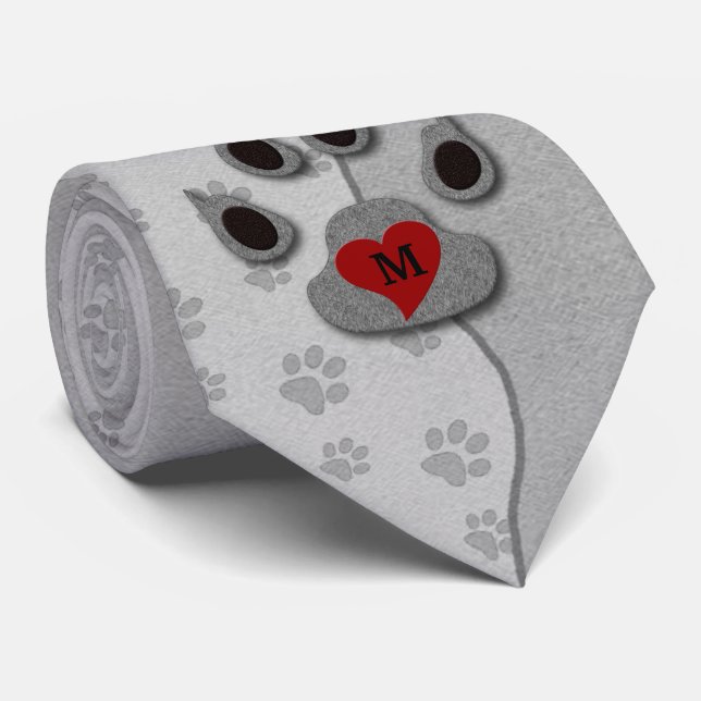 Gray Paw Print Dog Lover Monogrammed Tie (Rolled)