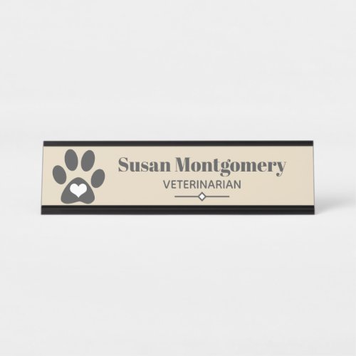 Gray Paw Print  Heart Desk Name Plate