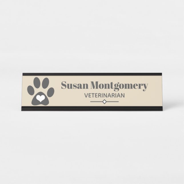 Gray Paw Print & Heart Desk Name Plate (Front)