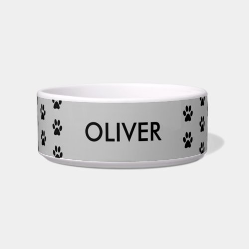 Gray Paw Print Pattern Personalized Name Pet Bowl