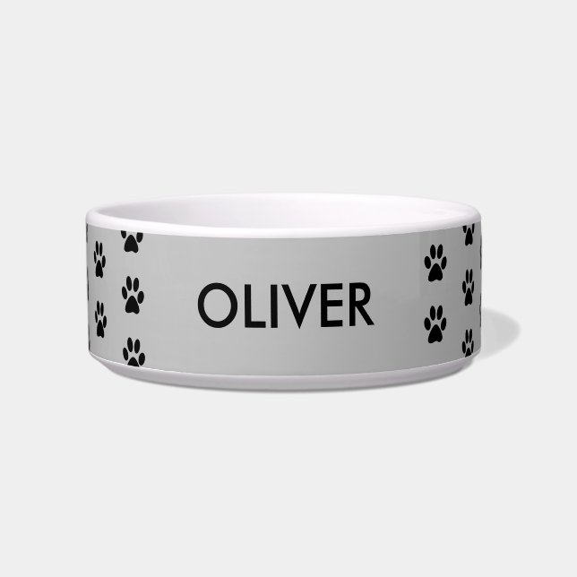 Gray Paw Print Pattern Personalized Name Pet Bowl (Front)