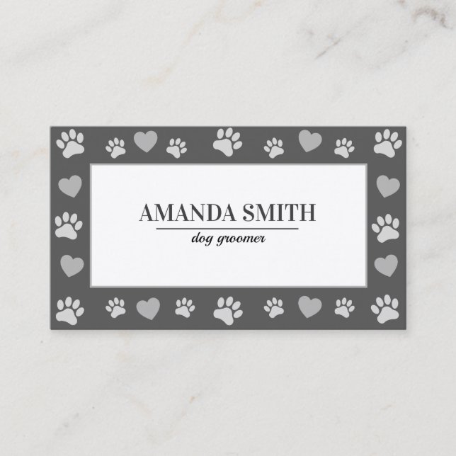 Gray Paw Prints Dog Groomer Business Card (Front)