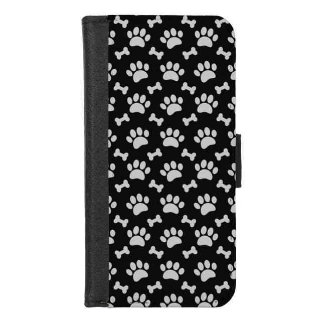 Gray Paws And Bones Pattern on Black iPhone Wallet Case (Front)