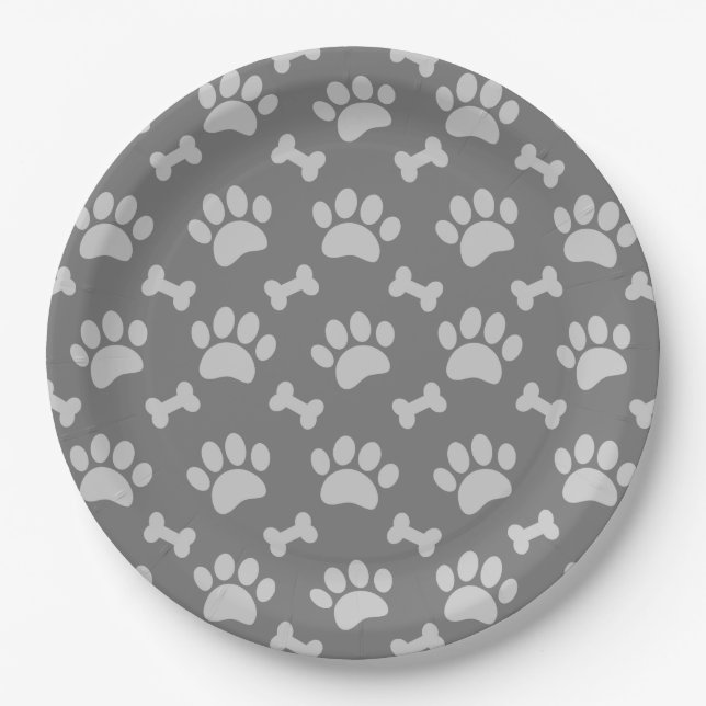 Gray Paws And Bones Pattern Paper Plates (Front)